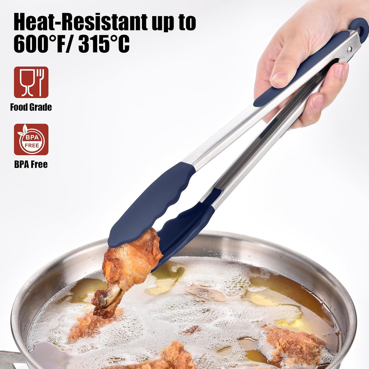 Doosu Kitchen Tong for Cooking: 600°F Heat-Resistant Silicone Food Tong, Stainless Steel Locking Tongs for BBQ (12in, Blue)