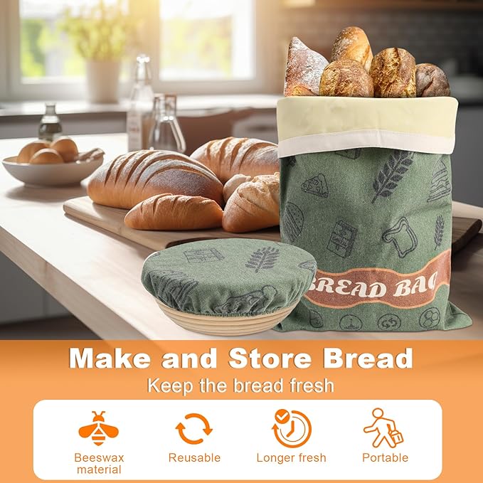 2 Pack Beeswax Bread Bags with 10'' Reusable Bowl Covers for Homemade Bread, Extra Large Reusable Beeswax Bags Set for Storage Sourdough,Large Capacity Breads Storage Bag to Keep Fresh (Green)
