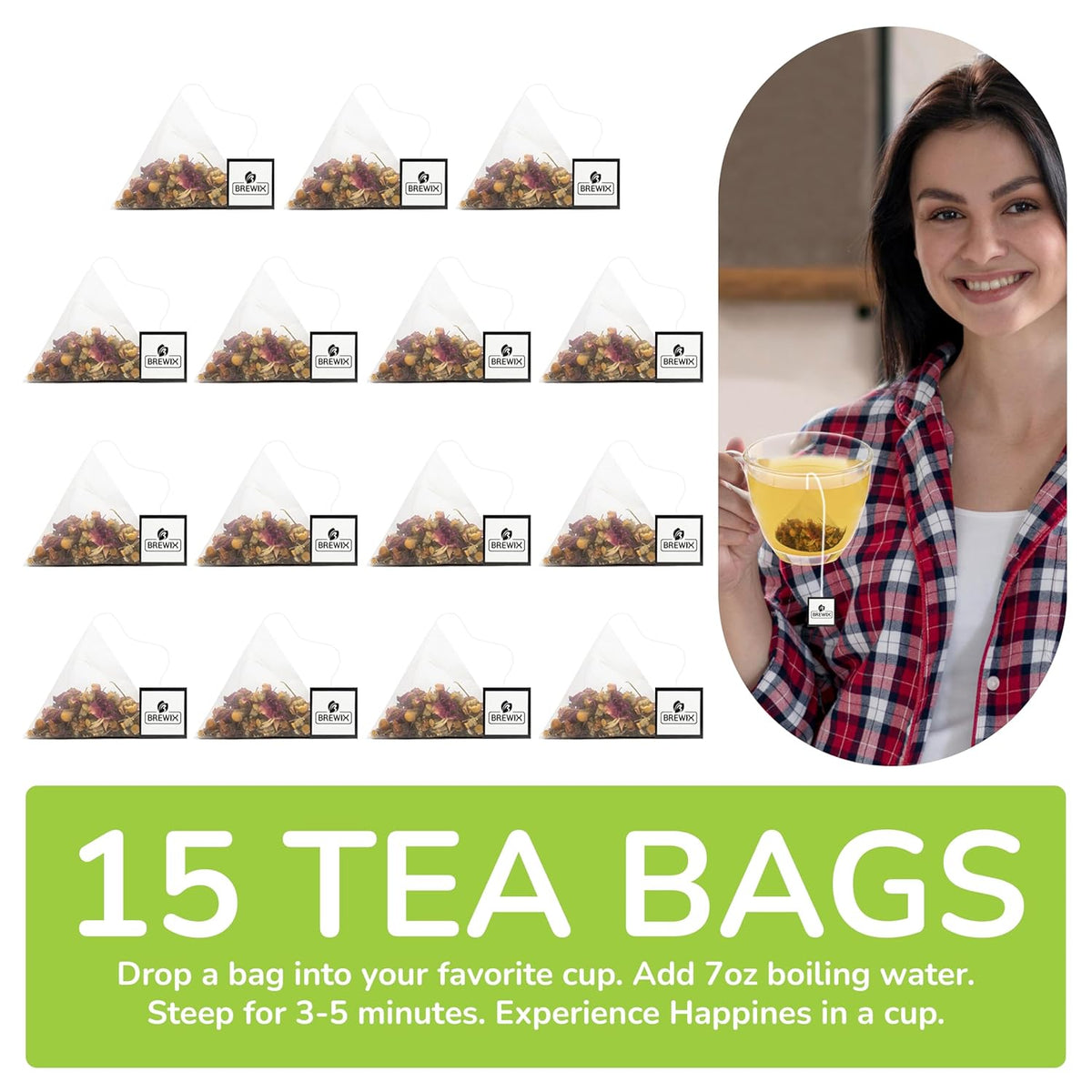 BREWIX Holy Basil Tea Bags (15 Pyramid Tea Bags) | Tee With Tulsi Leaves and Chamomile | Caffeine Free, Calming Herbal Tea With Fresh and Cool Flavor