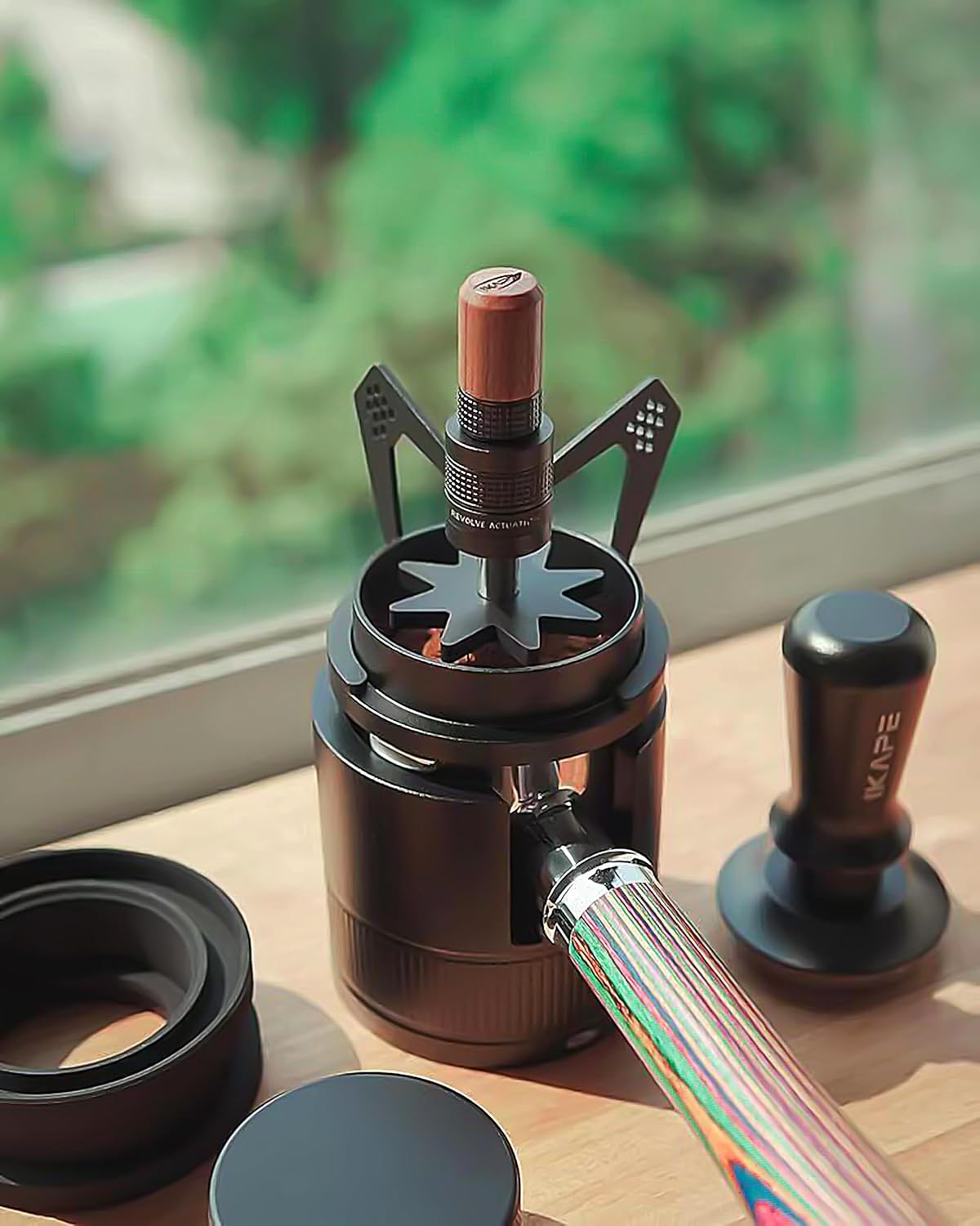 IKAPE Mantis WDT Distribution Tool, V3-51mm Espresso Stirrer Distribution Tool for Barista - 8 Needle Espresso Stirrer with Dosing Funnel & Stand, Adjustable Needle Height, Walnut Handle