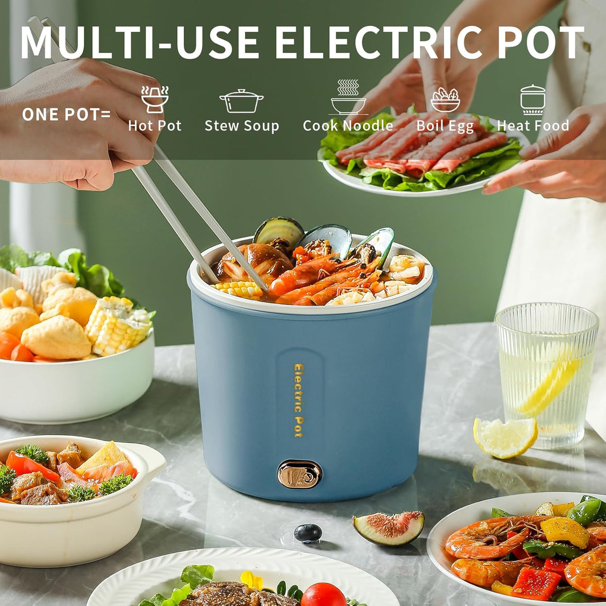 Hot Pot Electric, 1L Mini Ramen Cooker, 450W Rapid Noodles Cooker, Multifunctional Electric Pot for Cooking Pasta, Soup, Portable Pots with Over-Heating Protection for Dorm, Office, Travel