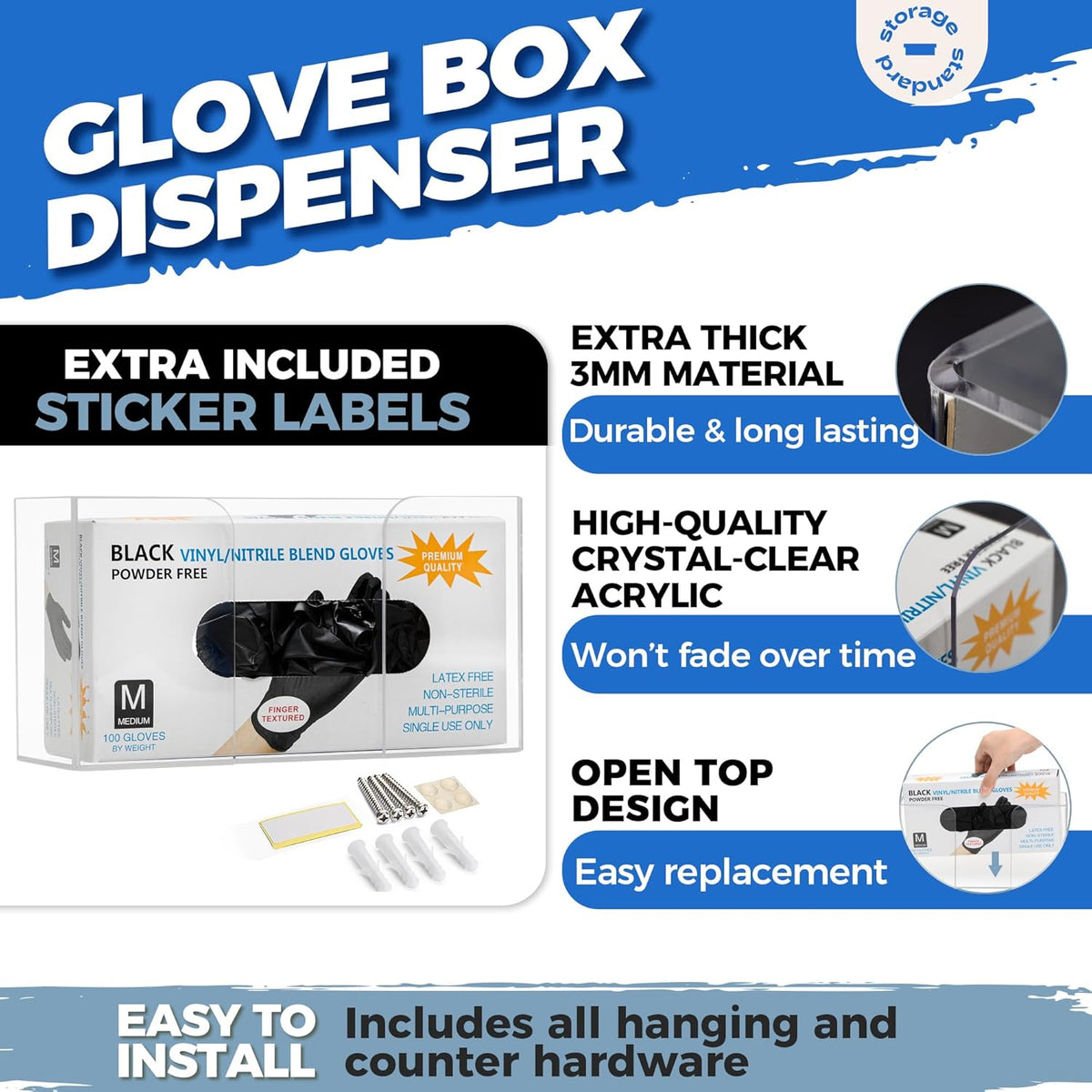 Storage Standard Glove Box Holder Dispenser - Kitchen, Medical, & Latex Gloves Holder Wall Mount or Countertop, Universal Fit - Thick Acrylic, Easy to Use, Slide, & Load Open Top Design - Clear
