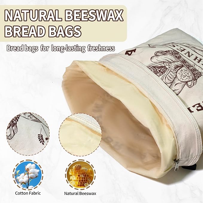 2 Pack Reusable Beeswax Bread Bags for Sourdough & Homemade Bread - XL Organic Cotton with Zipper & Snap Closure Freezer-Friendly Freshness Preservation