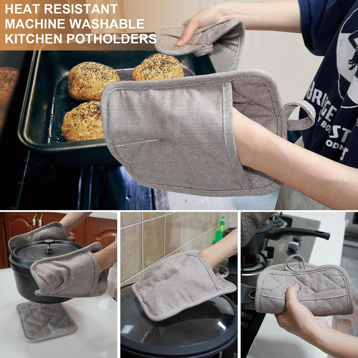 Pot Holders Yarn-Dyed Set of 3 Non Slip Silicone Kitchen Lines Heat Resistant 500℉ Kitchen Gloves BBQ Cooking Baking Cooking Barbecue Microwave Machine Washable (Khaki Pot Holders)