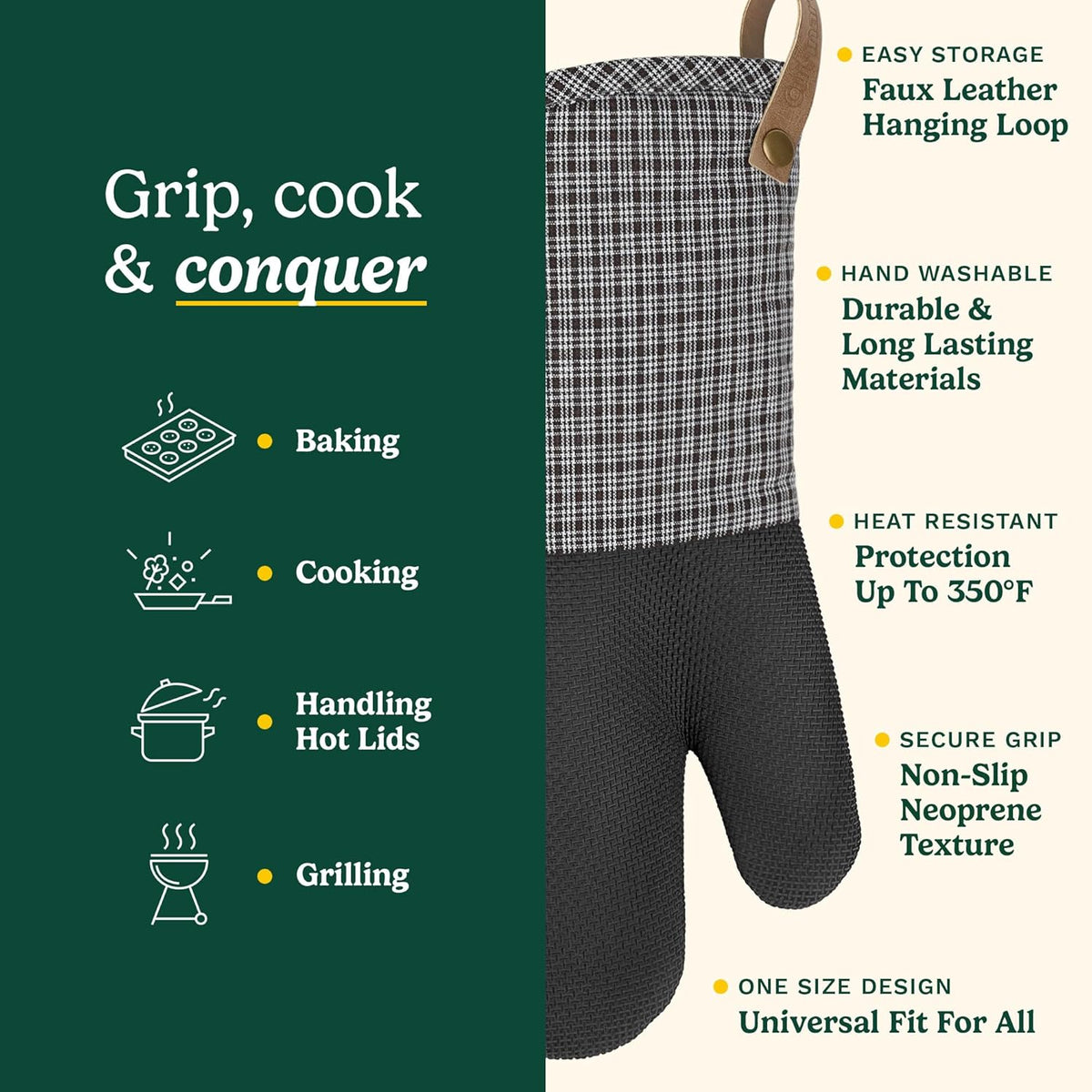 Cuisinart Heritage Kitchen Oven Mitts – Heat-Resistant Kitchen Mitts for Oven with Non-Slip Neoprene Palm, Long Cuff, and Cotton Filling – Durable Oven Gloves for Cooking, Baking, & Grilling