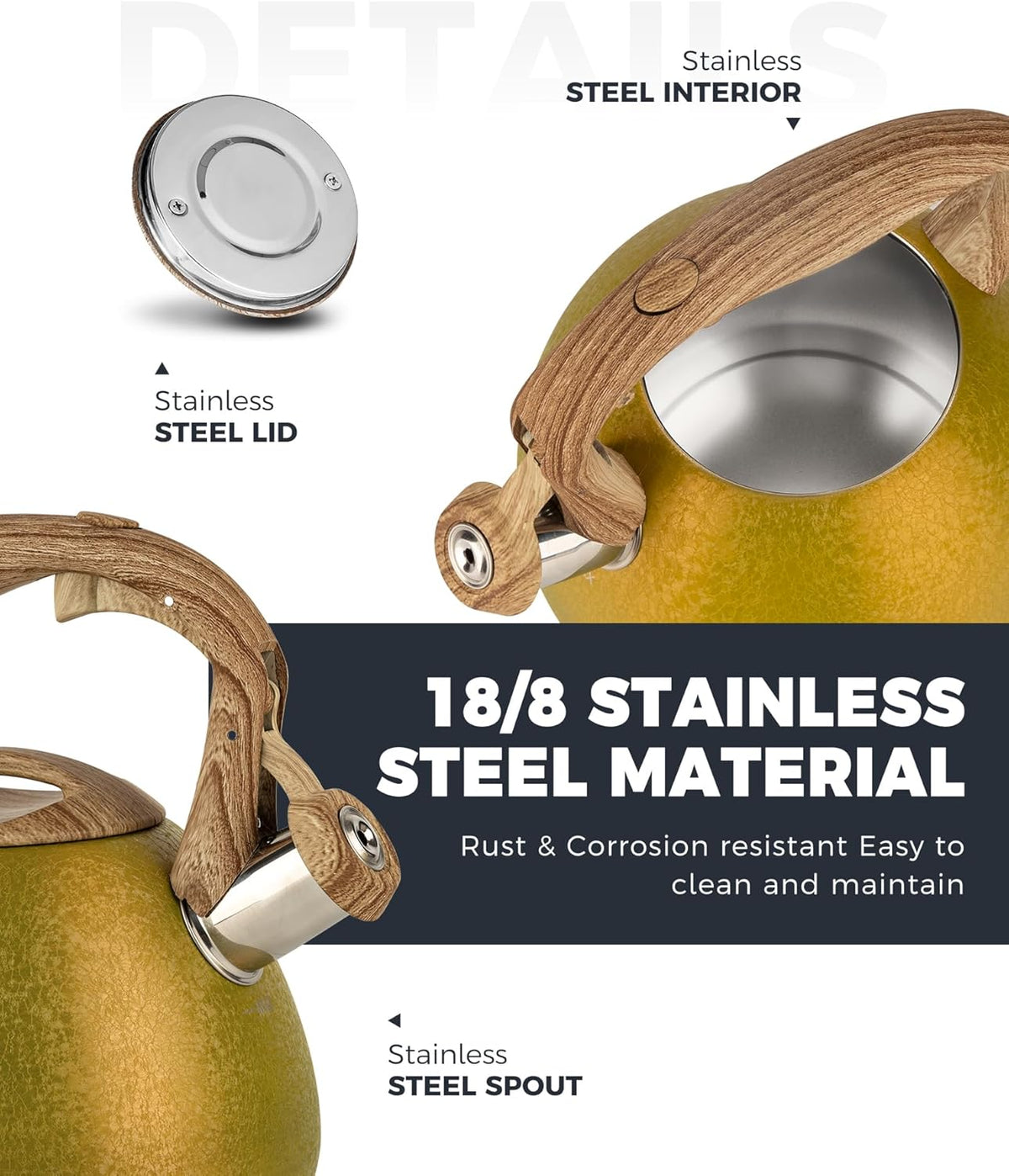 POLIVIAR Tea Kettle, 2.7 Quart Stovetop Tea Kettle, Audible Whistling Teapot with Crackle Finish, Food Grade Stainless Steel for Anti-Rust, Anti Hot Handle, Suitable for All Heat Sources (JX2023-LRY)