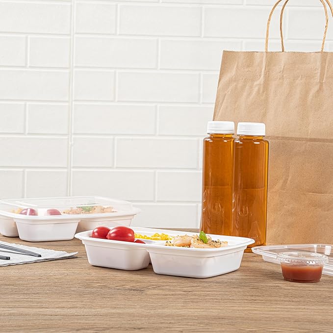 Restaurantware Asporto 26 Ounce Compartment Take Out Boxes, 50 Microwavable Meal Prep Containers - 3 Compartments, With Clear Plastic Lids, White Plastic Food Containers, Do Not Contain BPA