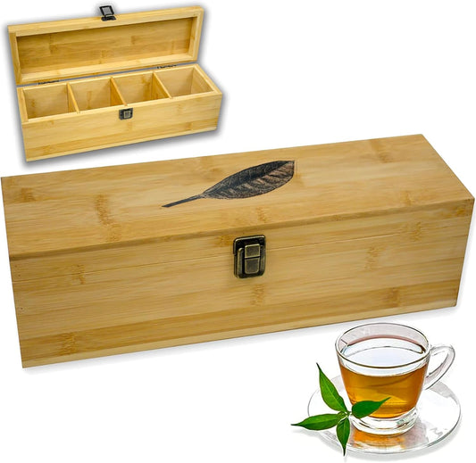 Bamboo Tea Organizer Box Chemical Free Eco-Friendly Big, Tall, Adjustable Cubbies Natural Wooden Storage Chest (4-Slot Across 14.3" x 4.4" x 4.2" with Tea Leaf design)