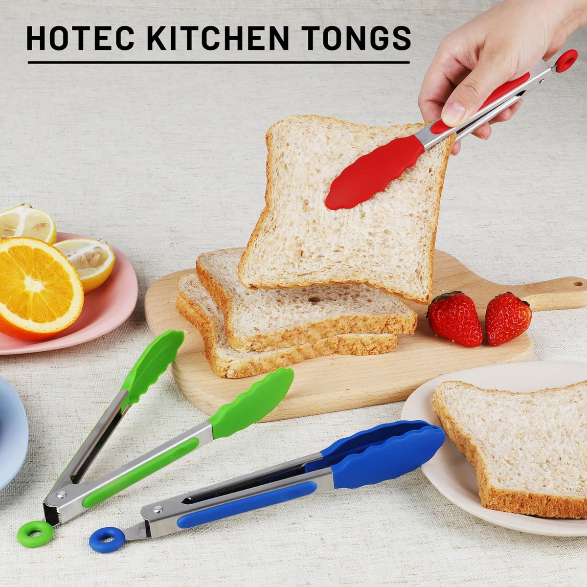 Hotec Mini Silicone Kitchen Tongs for Cooking - 7-Inch Small Serving Tongs with Silicone Tips, Set of 3 (Red,Blue,Green)