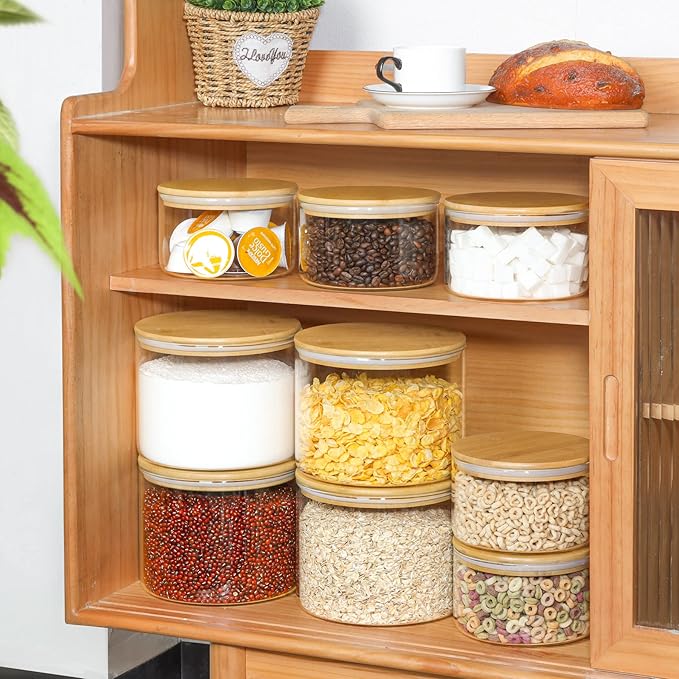 ComSaf Glass Food Storage Containers, 3.2Qt / 1.4Qt Glass Flour and Sugar Containers with Airtight Lids, 7.1'' Wide Mouth Large Glass Jars with Bamboo Lid for Rice, Pasta, Oats, Grains, Cookie, Candy