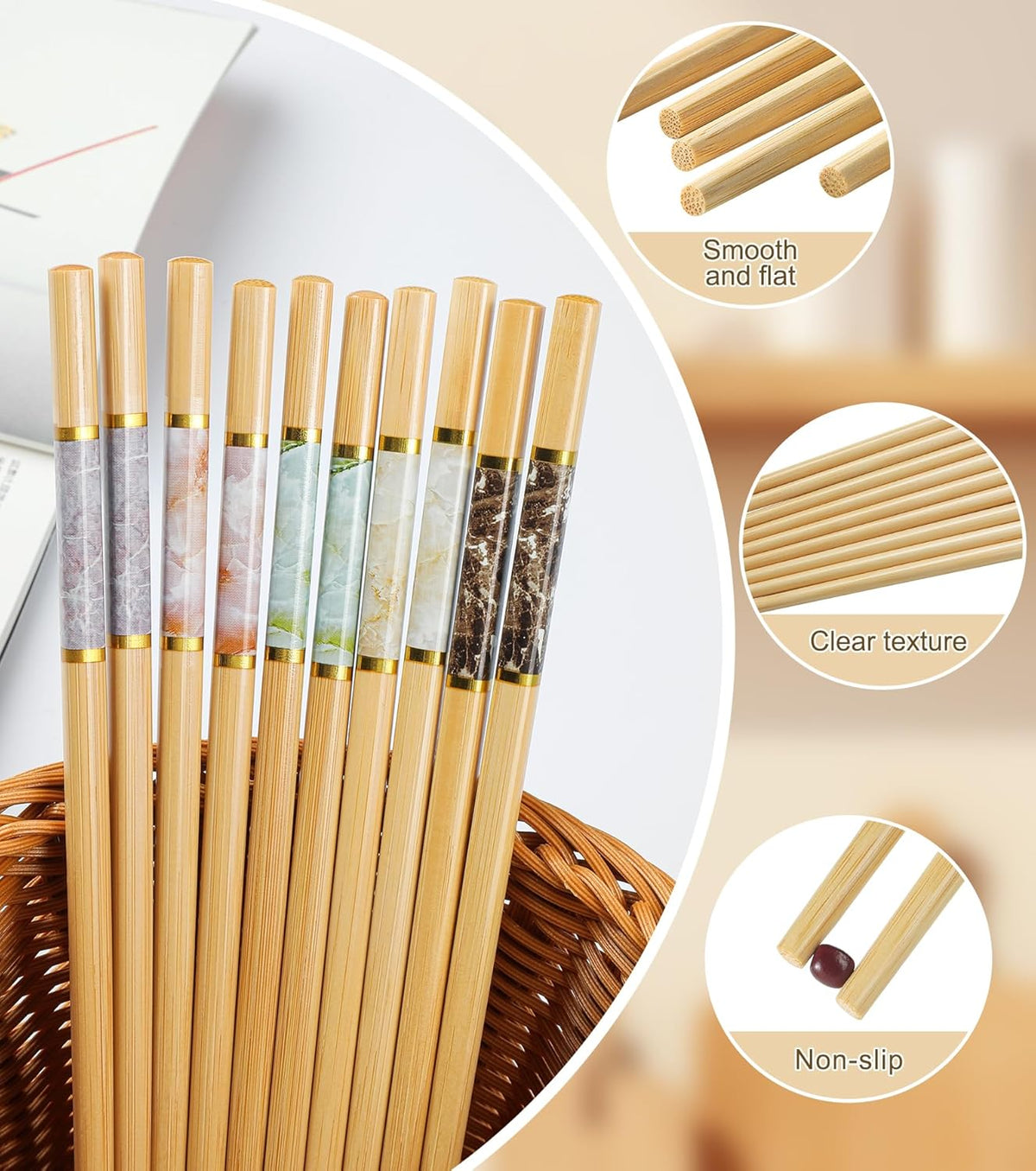 10Pairs Bamboo Chopstick Reusable Wooden Chop Sticks Washable Chinese Style 9.5Inch