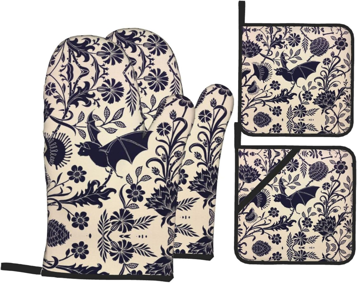 Bats and Flower Oven Mitts and Pot Holders Sets of 4,Resistant Hot Pads with Polyester Non-Slip BBQ Gloves for Kitchen,Cooking,Baking,Grilling