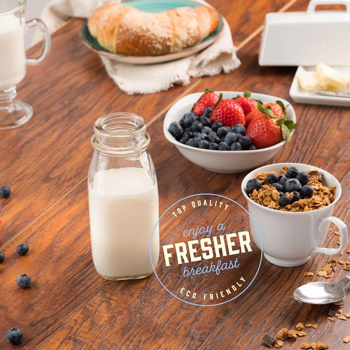 kitchentoolz 12 Oz Square Glass Milk Jugs with Caps - Perfect Milk Container for Refrigerator - 12 Ounce Glass Milk Bottle with Tamper Proof Lid and Pour Spout - Pack of 2