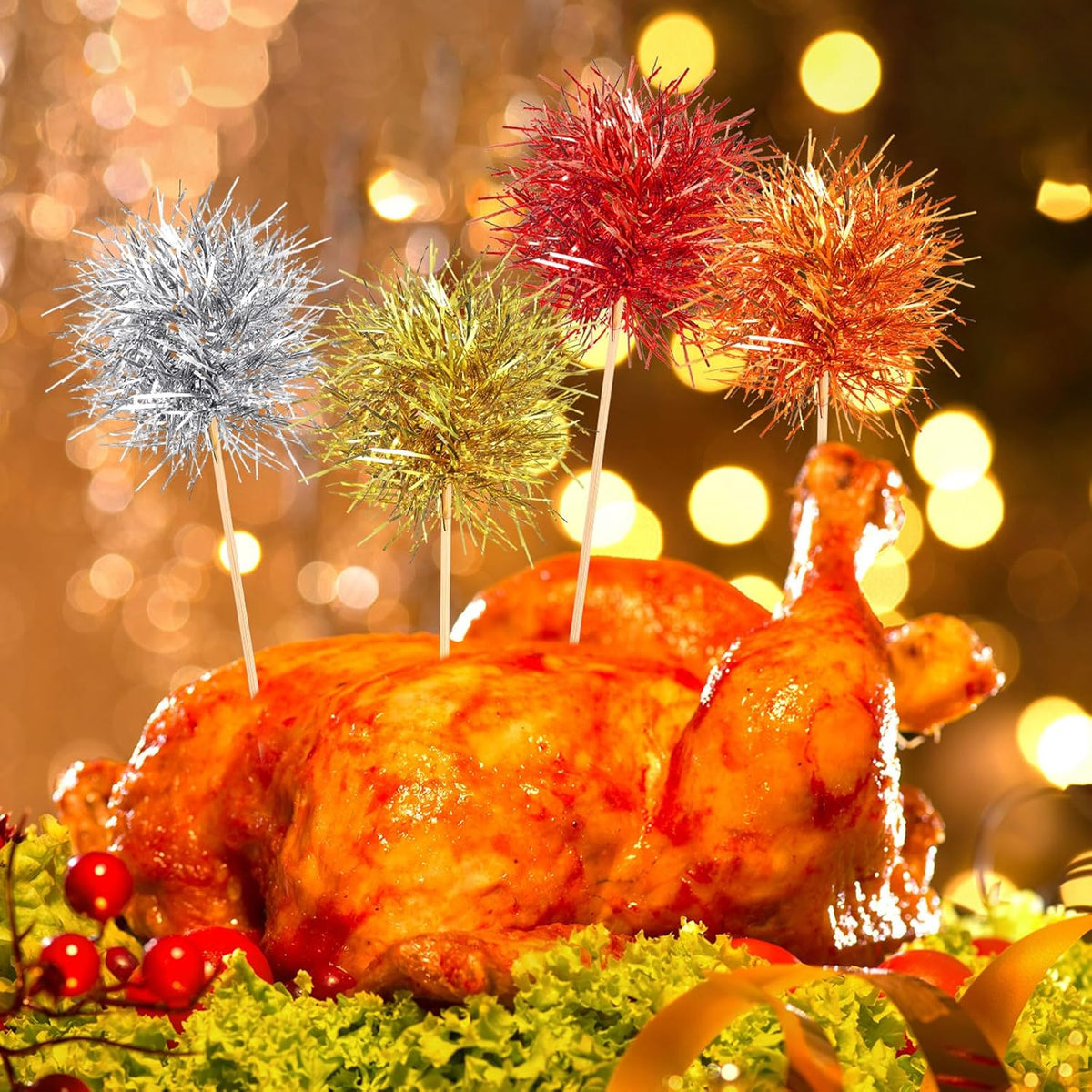 Chinco 100 Pcs Foil Firework Cupcake Toppers Sparkle Tinsel Cake Toppers Cake Decoration Cocktail Fruit Toothpick for Birthday Wedding Graduation Party (Silver, Red, Orange, Gold)