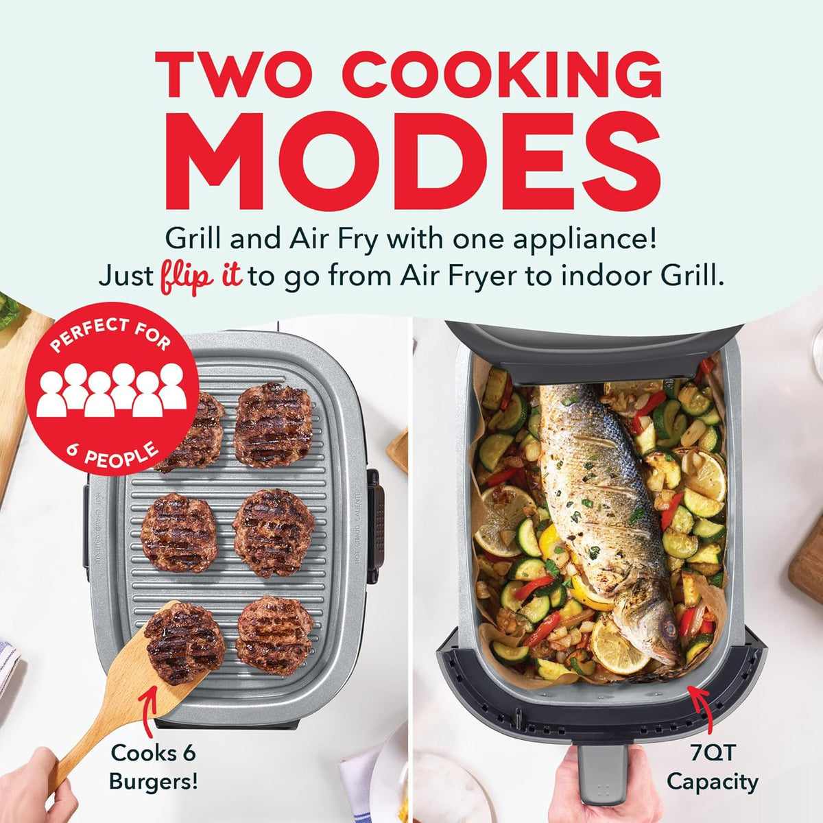 Dash Flip & Fry™ Digital 2-in-1 Grill + Air Fryer with 5 functions, 7 Qt Capacity, Air fryer & Indoor Grill for fries, wings, burgers and more - Forged Iron