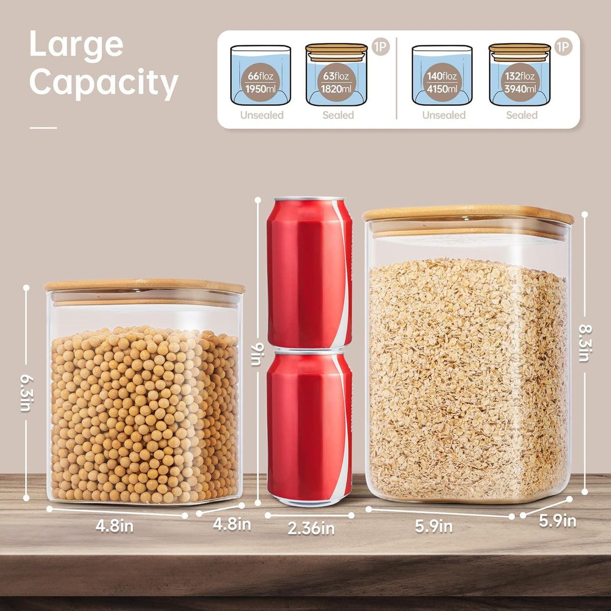 Extra Large Square Glass Flour & Sugar Storage Containers with Airtight Lids, 132 floz & 63 floz - 2 Pack Glass Jars with Bamboo Lids, Air tight Food Storage Containers for Cereal, Pasta, Rice