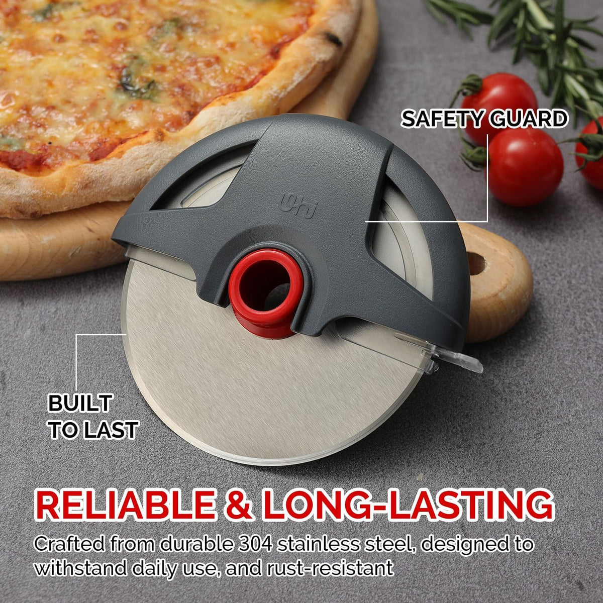 Pizza Cutter Wheel, UHIYEE Heavy Duty Pizza Slicer, Stainless Steel Large Pizza Wheel Blade with Safety Rotating Guard, Thickened Blade Ergonomic Handle Cut through Crust with Ease, Gray