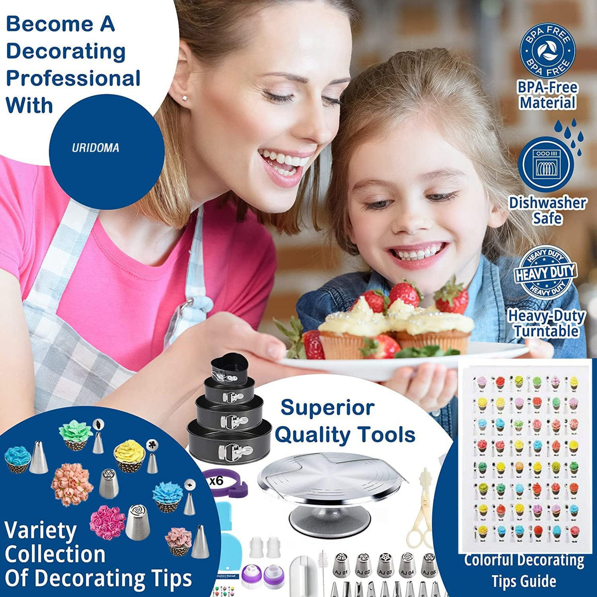204 PCS Cake Decorating Kit, Aluminum Rotating Turntable Stand, Baking Supplies Kit Set with 4 Springform Pan Sets, 55 Icing Piping Nozzles, Cake Topper, Icing Spatula, Scraper, Pro Baking Tools