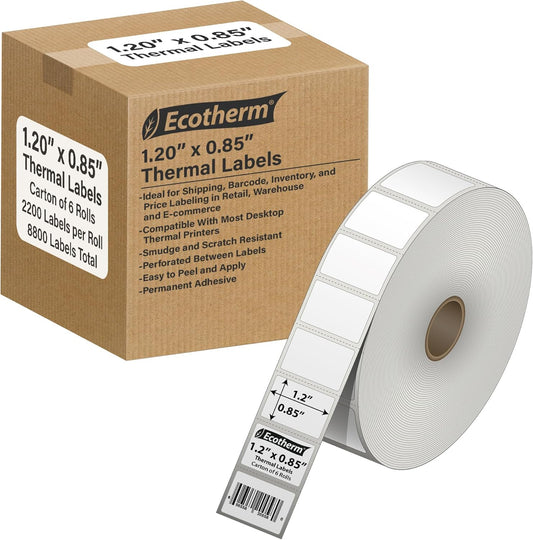 1.2" x .85" Thermal Labels | 6 Rolls | 16260 Labels | fits Zebra, Godex, Arkscan, iDPRT, Offnova Thermal Label Printers and More | Blank White Adhesive Stickers by Ecotherm