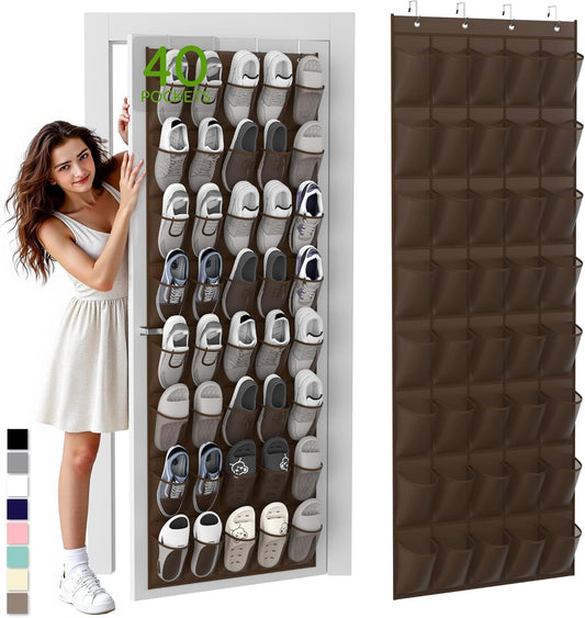 Unjumbly Over the Door Shoe Organizer with 40 Large Breathable Mesh Pockets, Space Saving Shoe Holder, Hanging Shoe Rack for Entryway Bedroom Closet Storage (Brown, 40 Pockets)