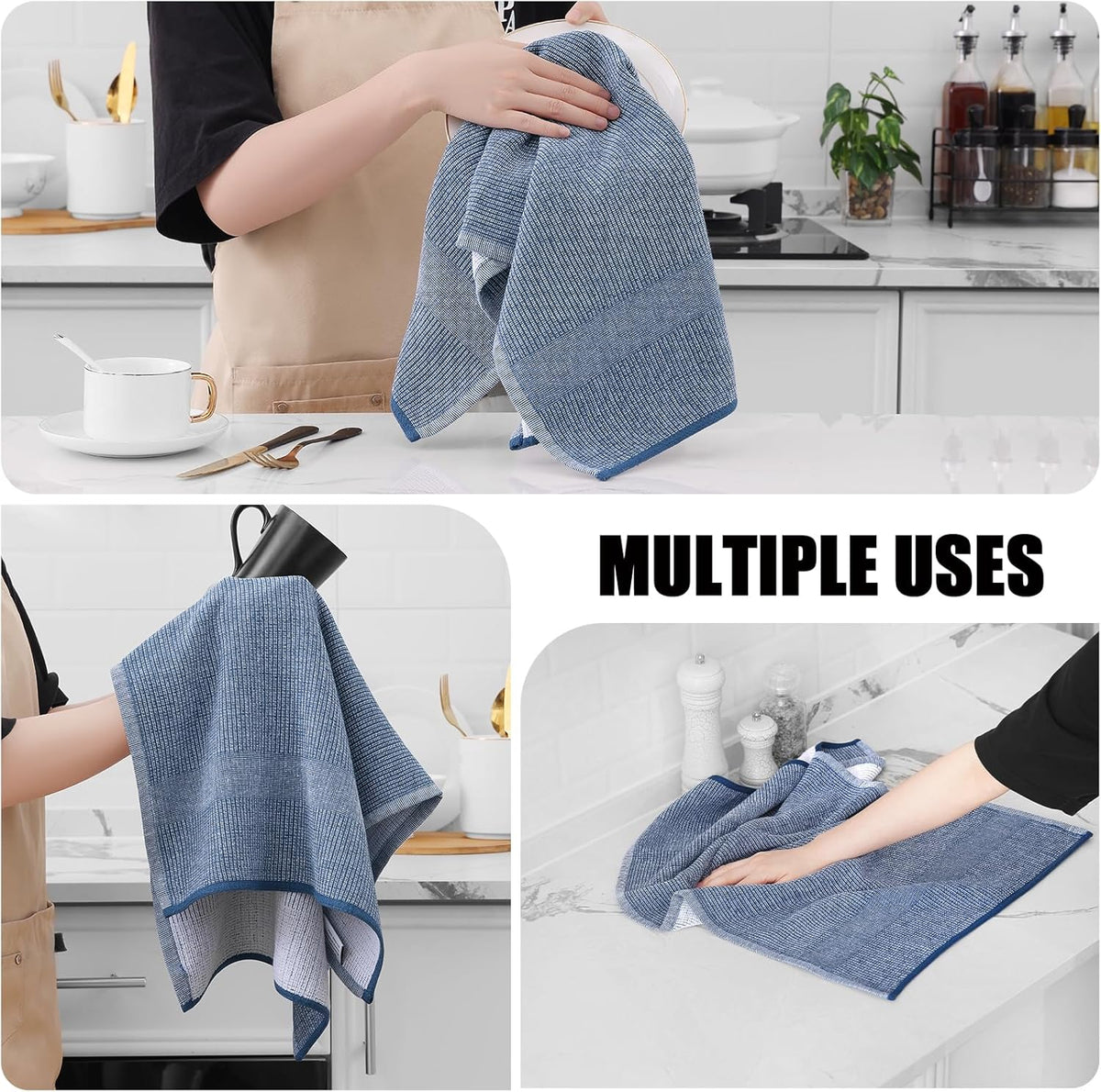 Homaxy Premium Kitchen Towels(18”x 28”, 12 Pack), Large Cotton Kitchen Hand Towels, Flat and Terry Dish Towels, 380 GSM Highly Absorbent Tea Towel Set with Hanging Loop, Navy Blue