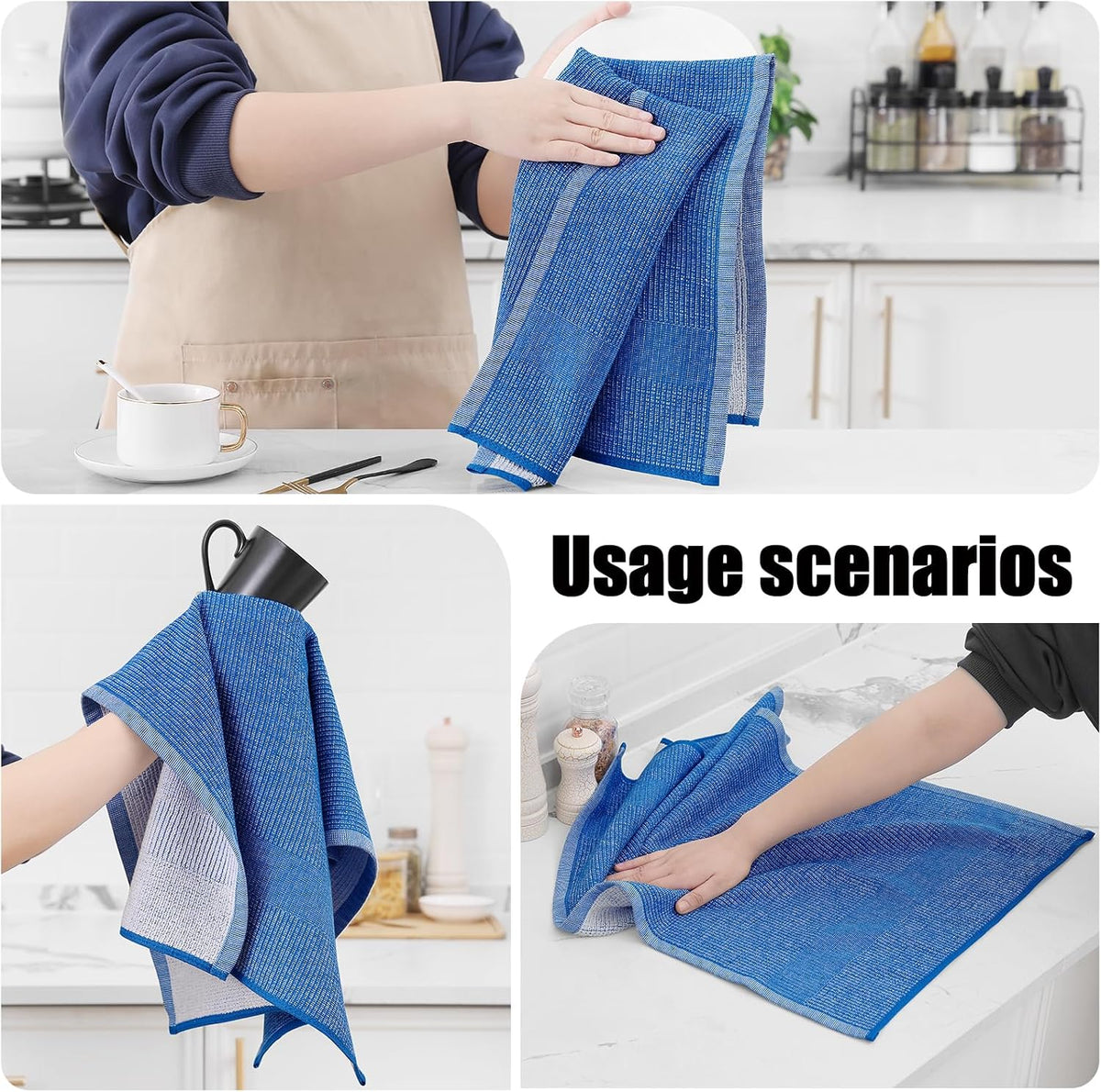 Homaxy Premium Kitchen Towels(18”x 28”, 6 Pack), Large Cotton Kitchen Hand Towels, Flat and Terry Dish Towels, 380 GSM Highly Absorbent Tea Towel Set with Hanging Loop, Blueberry