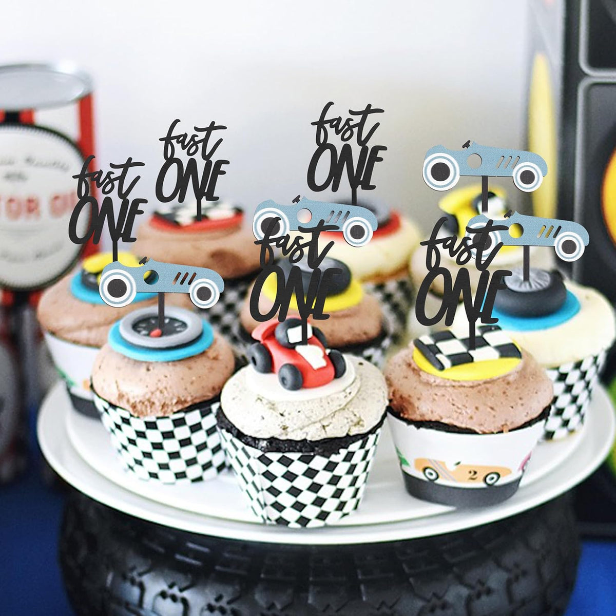 Wooden Race Car Cupcake Toppers - Fast One Cupcake Topper,First Fast One Birthday Decorations,Fast One Birthday Theme Topper(fast one cake topper)