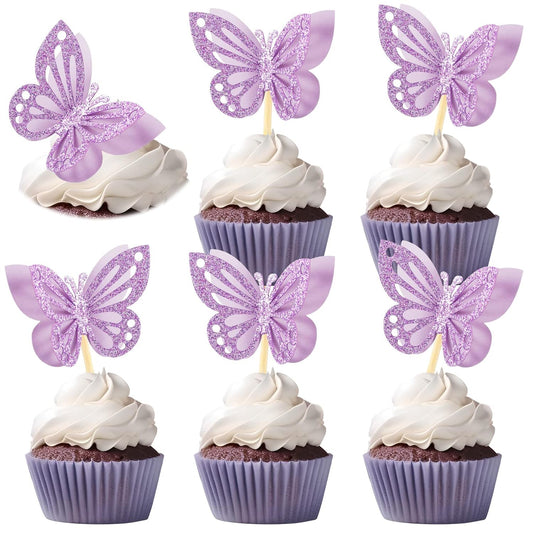 Chinco 48 Pcs Butterfly Cupcake Toppers Assembled Double Layer Cupcake Topper 3D Glitter Cake Topper Butterfly Cocktail Pick Decoration for Baby Shower Birthday Wedding(Purple,Classic Style)