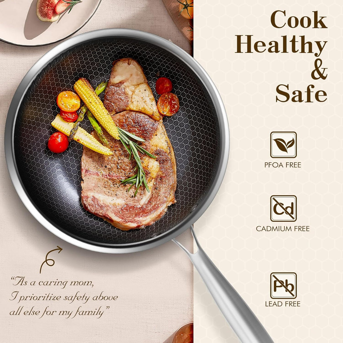 MDHAND 10 Inch Nonstick Frying Pan, Premium Stainless Steel Skillet with Stay-Cool Handle, No Coating, Dishwasher-Friendly, Oven-Safe Induction Ready, Compatible with All Cooktops