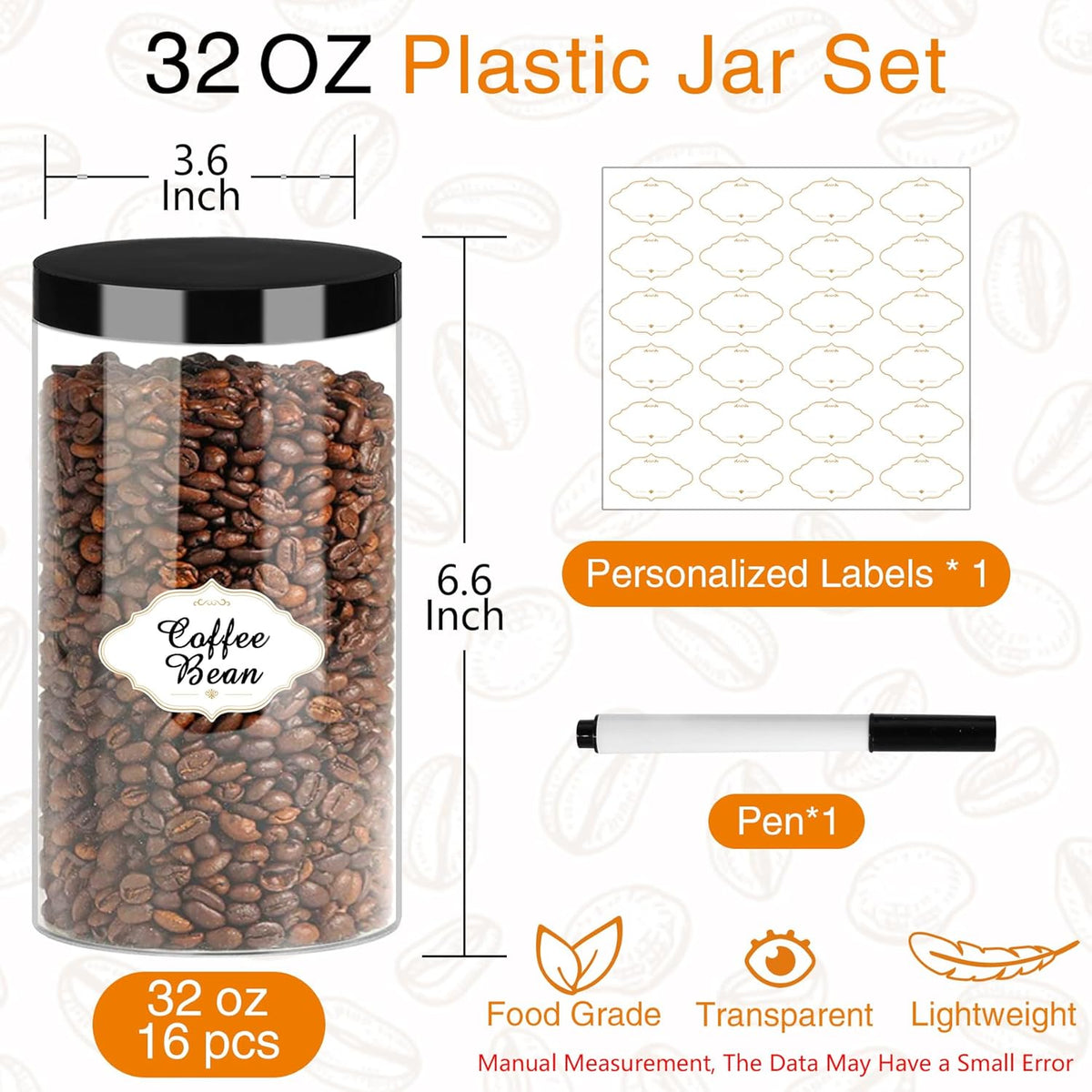 Plastic Jars with Lids, 16 Pcs 32 OZ Large Plastic Storage Jars with Black Leakproof Lids Cylinder Plastic Storage Container Jar Reusable Clear Empty Jars for Home and Kitchen Organizing