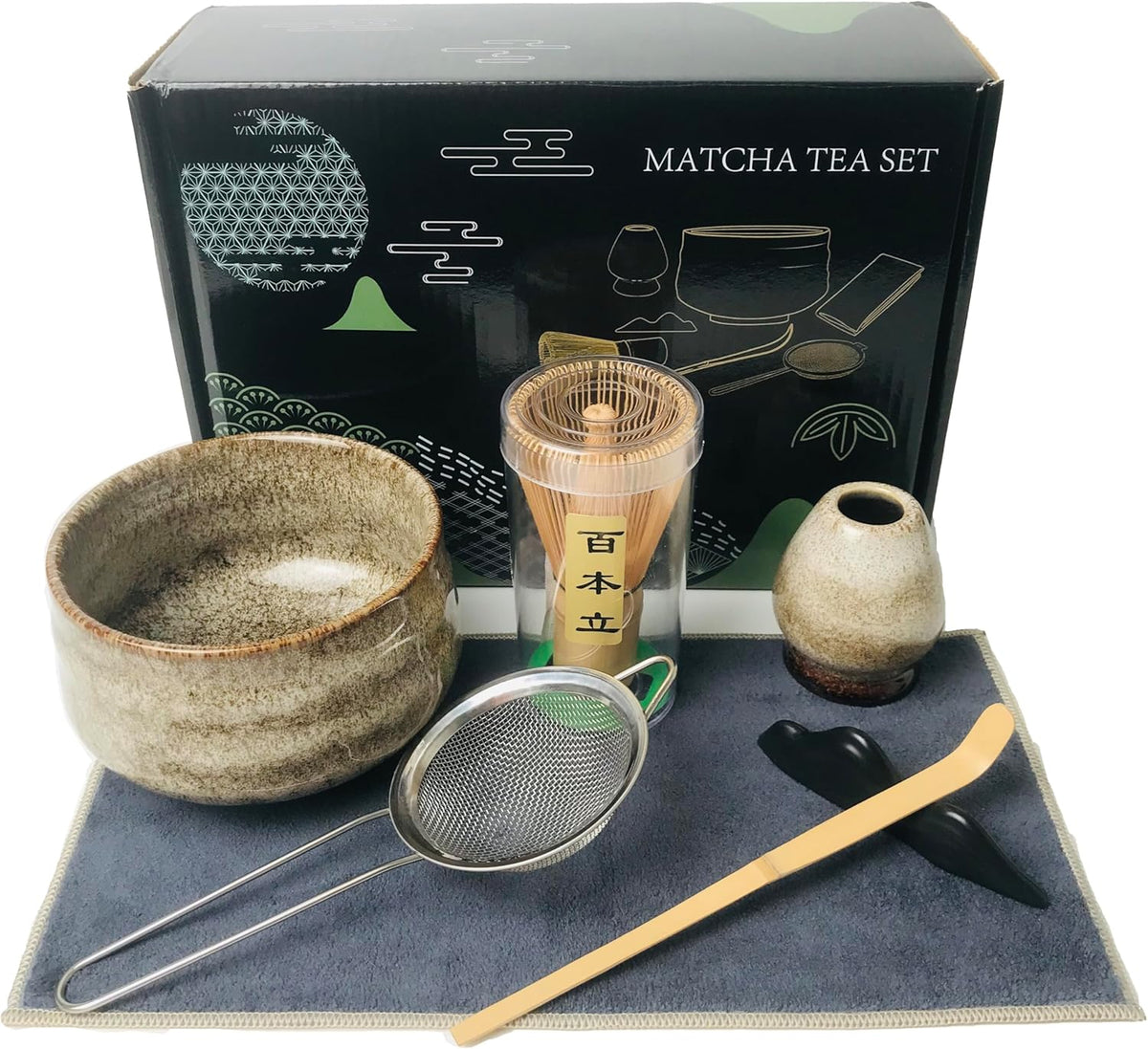 Japanese Matcha Tea Set (7pcs) - Matcha Whisk and Bowl, Whisk Stand (Chasen Holder), Scoop, Starter Making Kit for Matcha Tea Ceremony (Kiln Glaze-White)