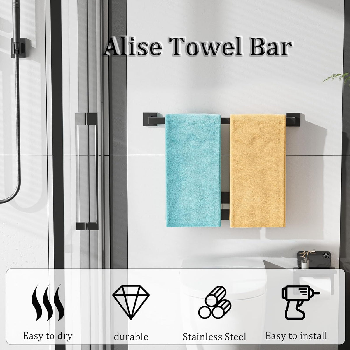 Alise Black Towel Bars,23.62 Inch Towel Holder Towel Racks for Bathroom and Lavatory,SUS304 Stainless Steel Hand Towel Hanger Rail Wall Mount,Useable Length 21.85 Inch Towel Bar, GYT060-B