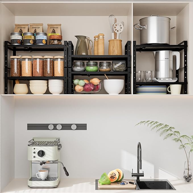 Expandable,Adjustable & Stackable Spice Rack, Cabinet Kitchen Countertop Shelf Organizer,Metal Pantry Storage Shelves - Space-Saving Storage Solution(1Pack/Black/Medium)