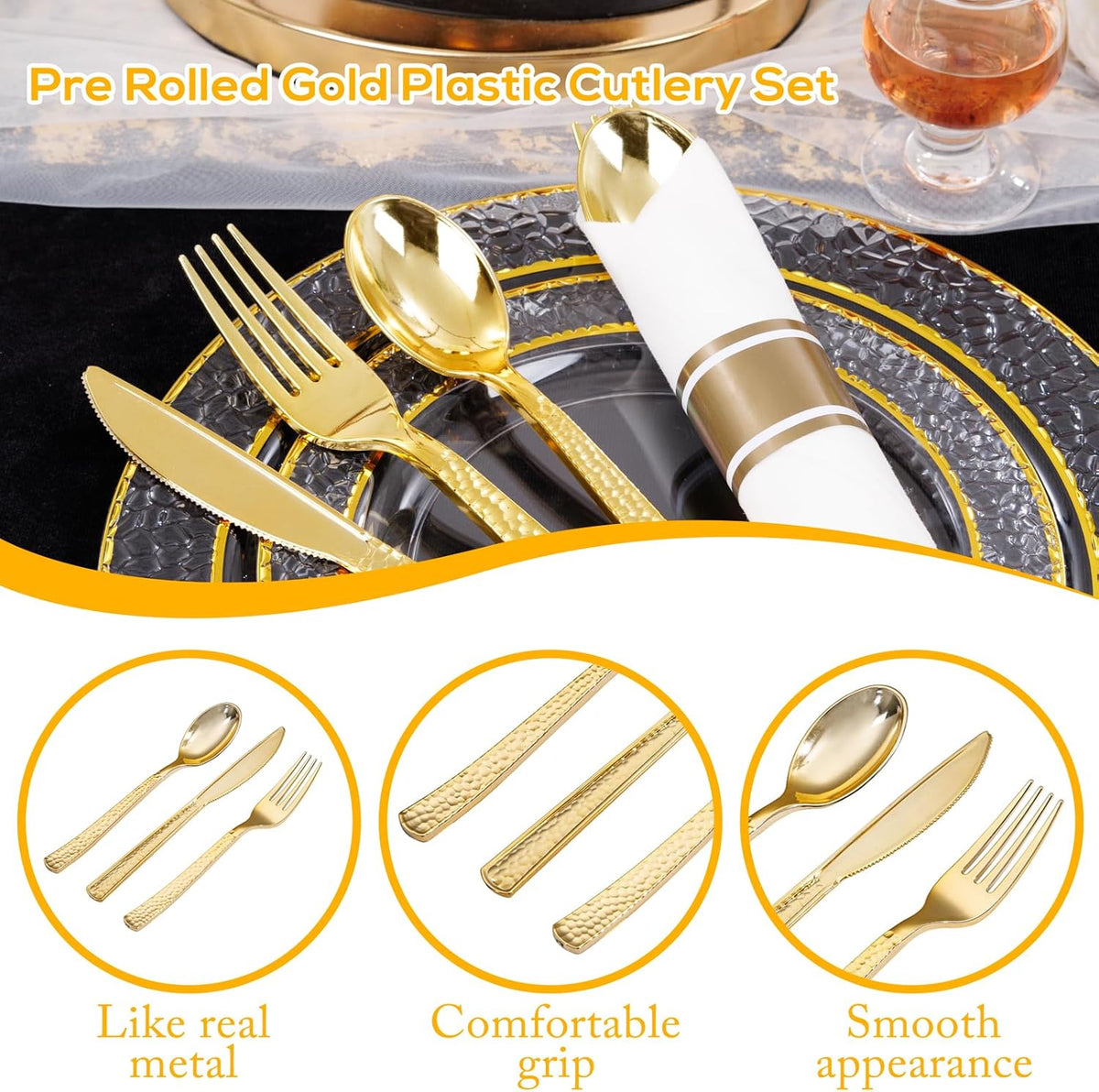 400PCS Pre Rolled Gold Plastic Silverware Sets - Heavy Duty Hammered Gold Cutlery Include 100 Pack Wrapped Disposable Utensils with Napkins for Parties, Dinners & Weddings