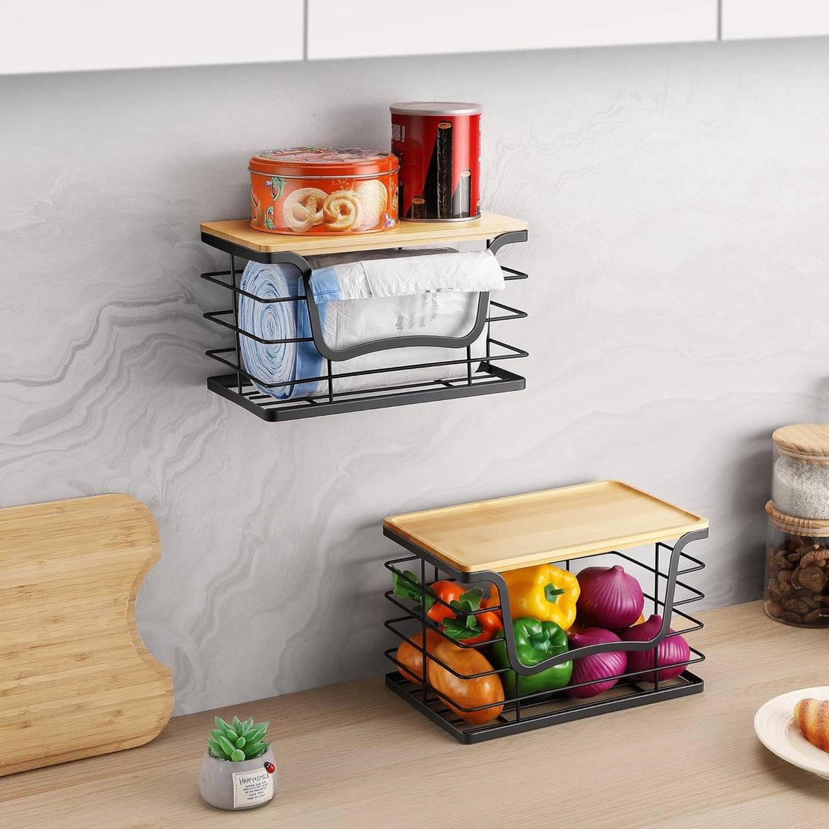 Trash Bag Dispenser Holder for Kitchen 2 Pack Laundry Room Trash Bag Holder Wall Mount Garbage Bag Dispenser Stackable Roll Holder with Bamboo Top for Countertop, Under Sink