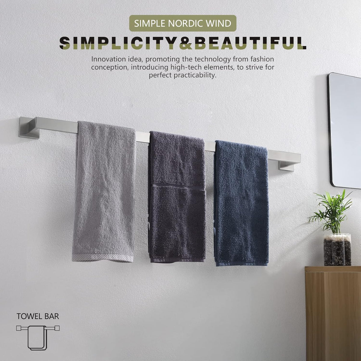 KOKOSIRI 36-Inch Single Towel Bar, Bathroom Kitchen Towel Holder, Wall Mounted SUS304 Stainless Steel Towel Rack, Brushed Nickel, B4003BR-L36