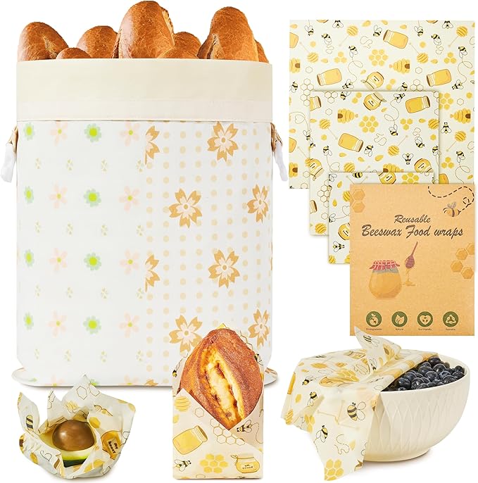 Reusable Beeswax Bread Bags & Food Wraps – Sustainable Kitchen Storage for Homemade Bread, Organic Cotton Bags for Fresh Food