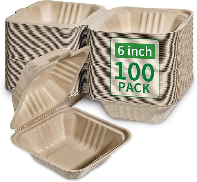 Aricsen Compostable 100 Pack 6x6 Inch Disposable Square Small Lunch Box Takeout Containers with Lid To Go Take Out Clamshell for Food, Eco-Friendly Biodegradable Bagasse, PFAS-Free, Unbleached Brown