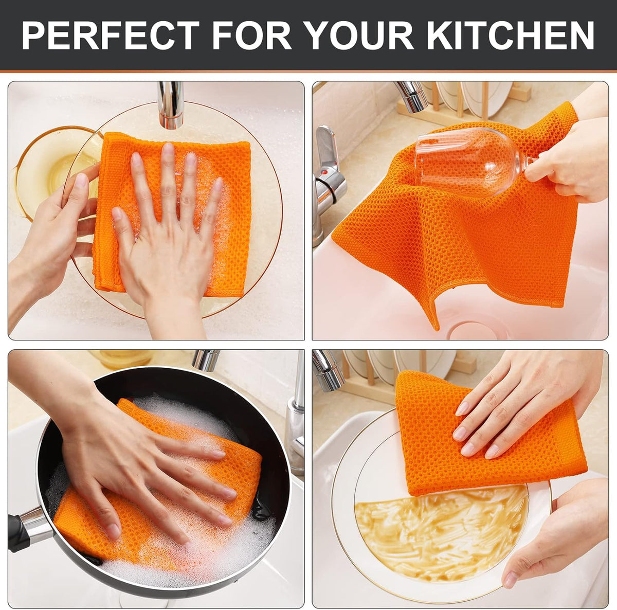 Kitinjoy 100% Cotton Kitchen Dish Cloths, 6 Pack Waffle Weave Ultra Soft Absorbent Dish Towels for Drying Dishes Quick Drying Kitchen Towels Dish Rags, 12 X 12 Inches, Orange