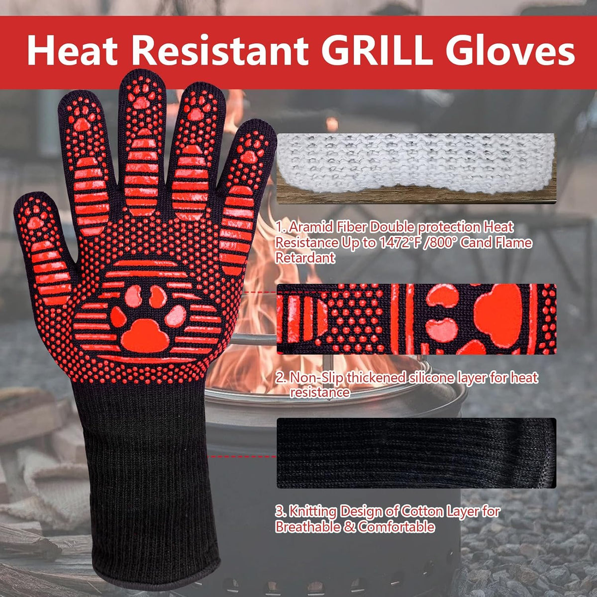 UBeesize Lengthen BBQ Gloves (Bear Paw), 1472°F Heat Resistant Grill Glove, 14 inch Fireproof Oven Gloves for Cooking, Non-Slip Fire Glove for Grilling, Barbecue, Smoker, Baking, Frying