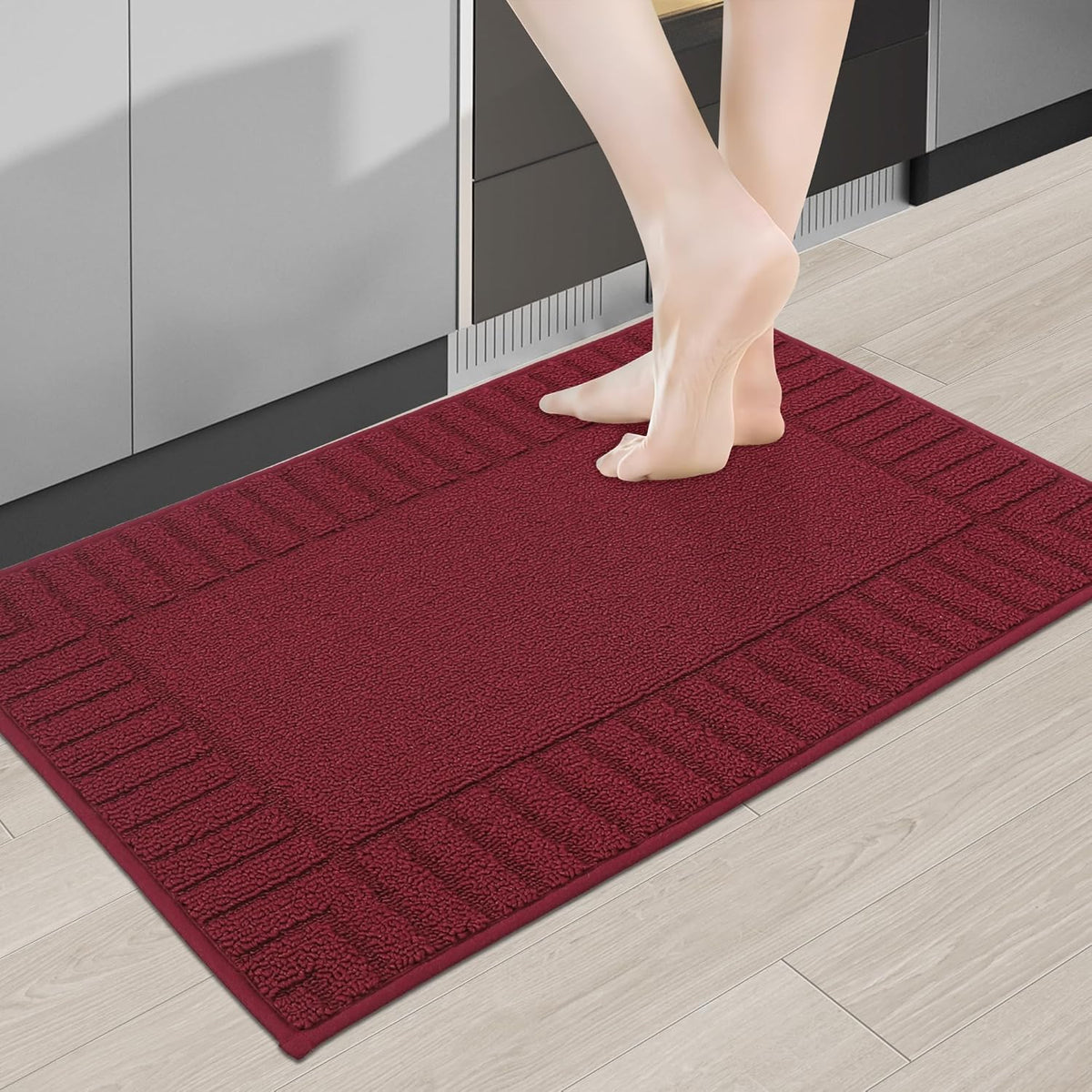 BEQHAUSE-Kitchen-Rugs-and-Mats Non Skid Washable Kitchen Mats for Floor Red Kitchen Rug Polypropylene Kitchen Mat with TPR Backing 20”x30”