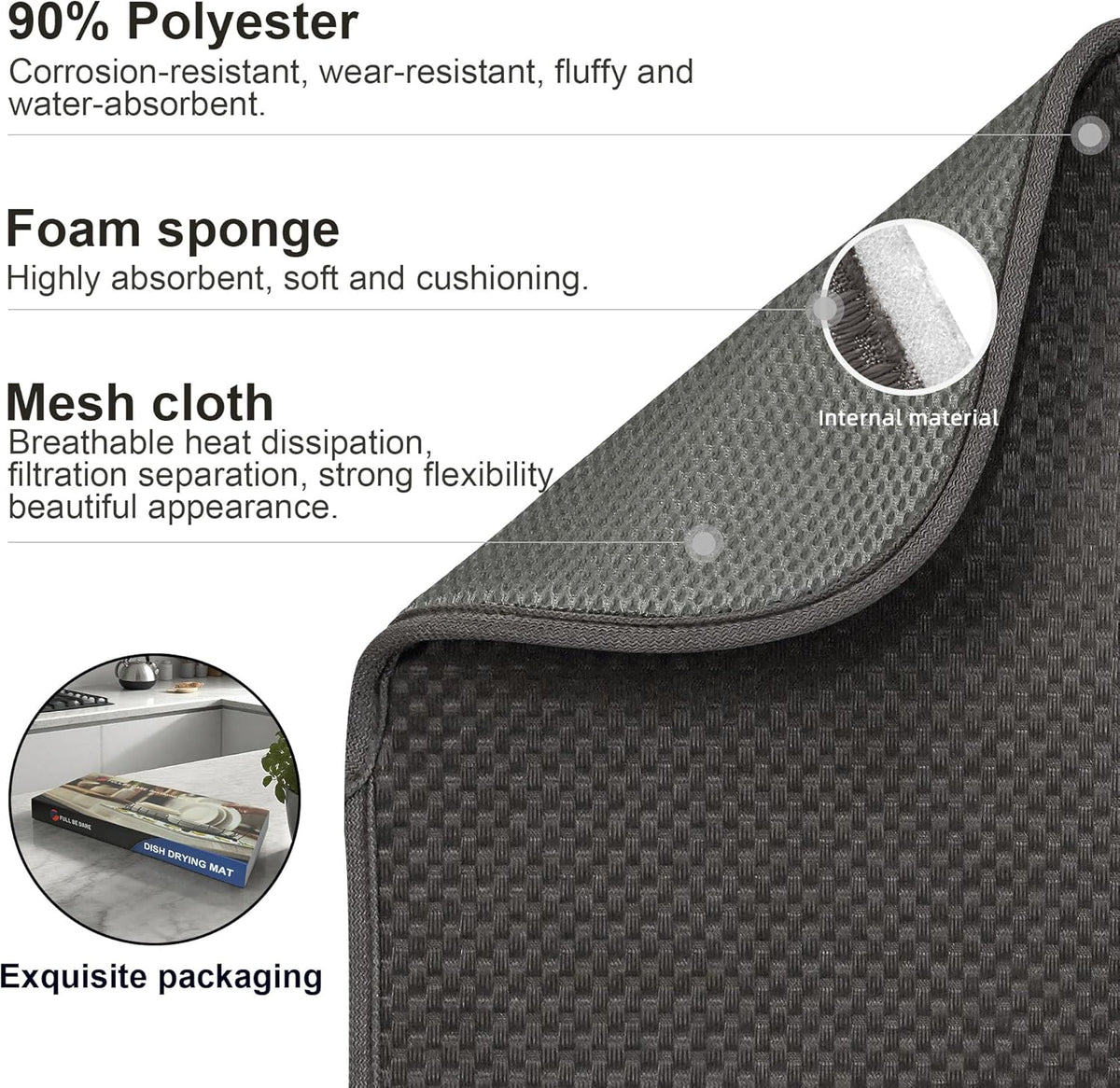 2-Pack Dark Gray Dish Drying Mats 20" x 15" – XL Kitchen Drying Mat for Countertop, Absorbent Microfiber Dish Rack Mat, Foldable Dish Pad for Dishes, Pans – Reusable Dish Drainer Mat