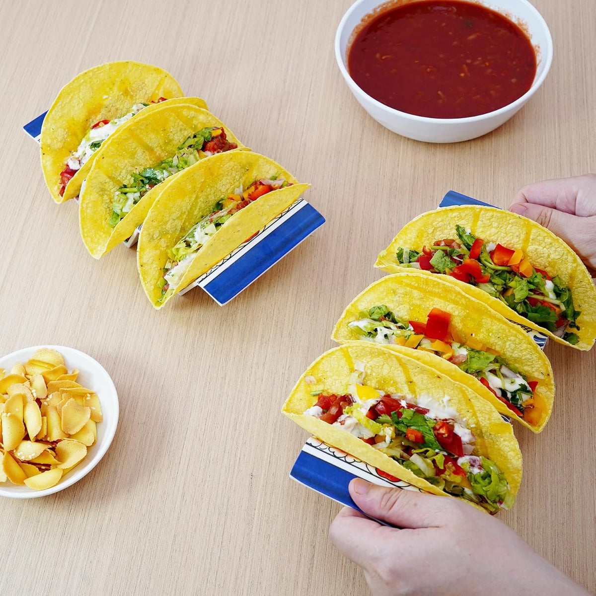 TP Taco Holder Stands, Set of 2 Melamine Large Taco Serving Rack Tray with Handle, Holds 3 Tacos, Dishwasher Safe, Ideal for Taco Night, Party, Home, Fiesta, Talavera Tile