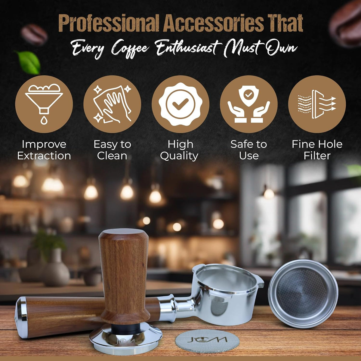 54mm Bottomless Portafilter 3 Ears Red Rosewood Handle Set – Fits 54mm Breville machines – Includes 18g Filter Basket, Updated Tamper with Constant 30lb Calibrated Spring Loaded & 1.7mm Puck Screen