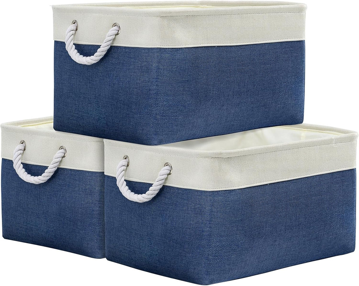 TheWarmHome Organization and Storage Basket for Organizing - X Large 3 Pack 17.7L×13.8W×9.8H in Collapsible Storage Bin for Shelves, Basket for Gifts Empty Toys Organizer Gift (White & Jean Blus)