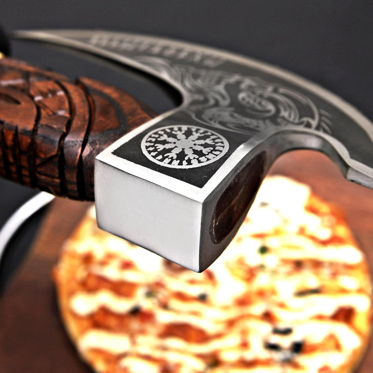 MR. CRAFT Pizza Cutter Axe Rocker Carbon Steel Slicer Chef Pizza Cutter Viking Axe with Leather Cover - Premium Pizza Oven Accessories Ulu Rocking Pizza Gift Gifts for Men (Royal Skull)