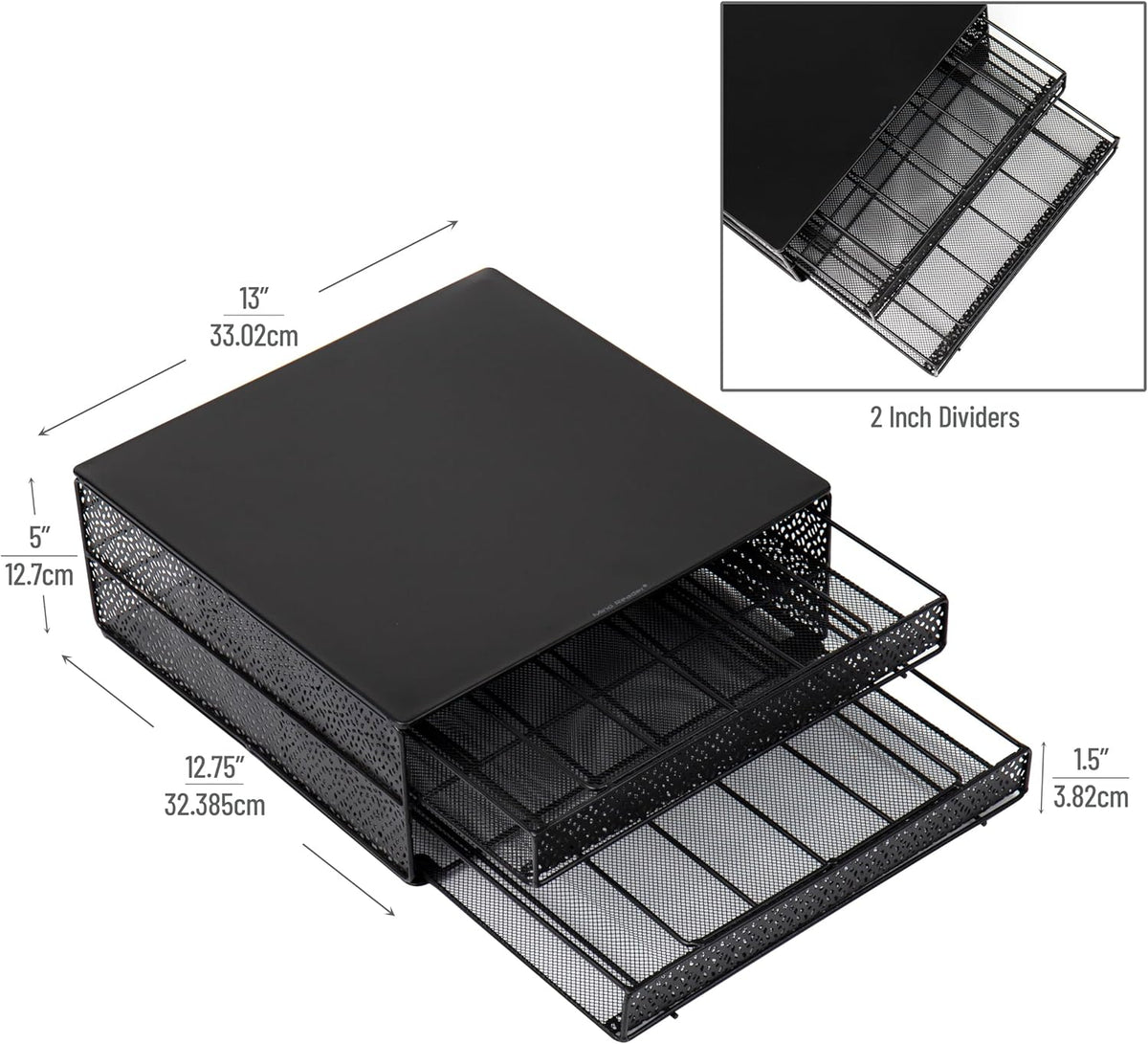 Mind Reader Single Serve Coffee Pod Organizer with 2 Drawers, 72 Pod Capacity, Metal Mesh, 13"L x 12.75"W x 5"H, Black