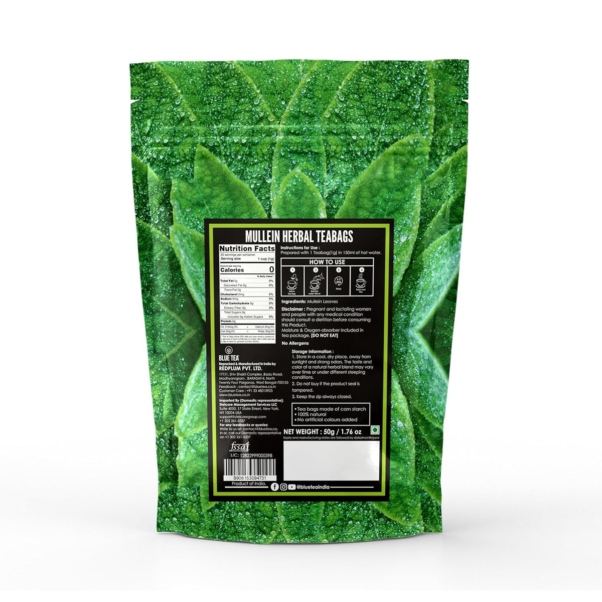 BLUE TEA - Mullein Tea - 50 Count - Pyramid Plant Based Tea Bag | Lungs Detox & for Respiratory Support | Herbal Tea - Caffeine Free - Leaf Based - Non-Bitter | Ziplock Pack