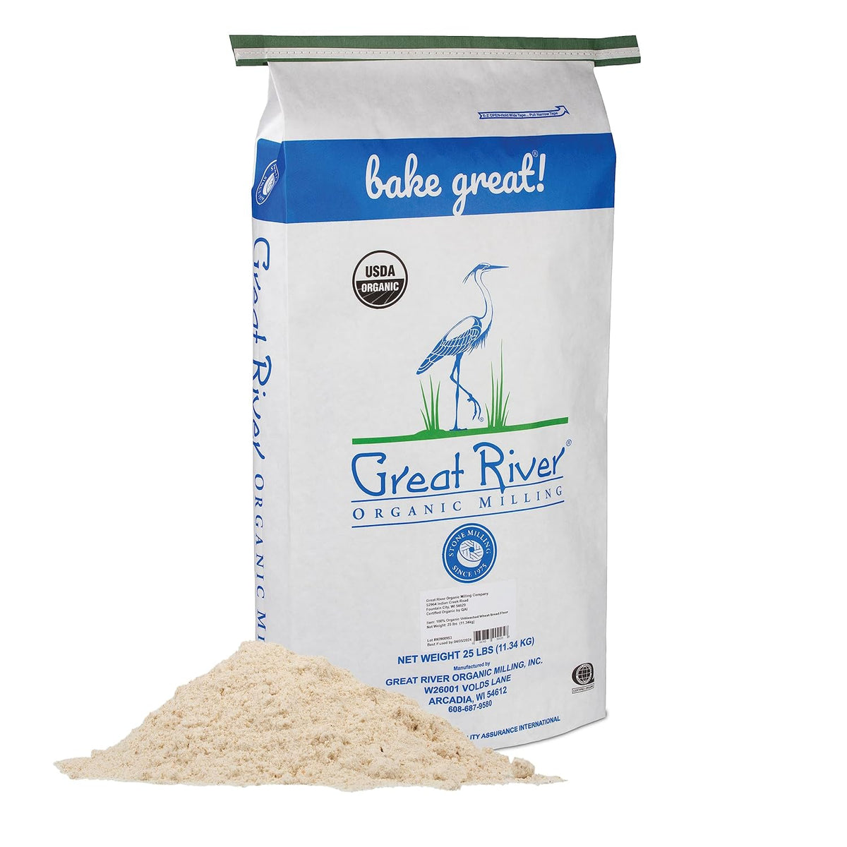 Great River Organic Milling Organic Unbleached Wheat Bread Flour | Artisan Bread Flour for Baking | Multi-Purpose Wheat, Unbromated, Non-GMO, Kosher | 25 Lb (Pack Of 1)