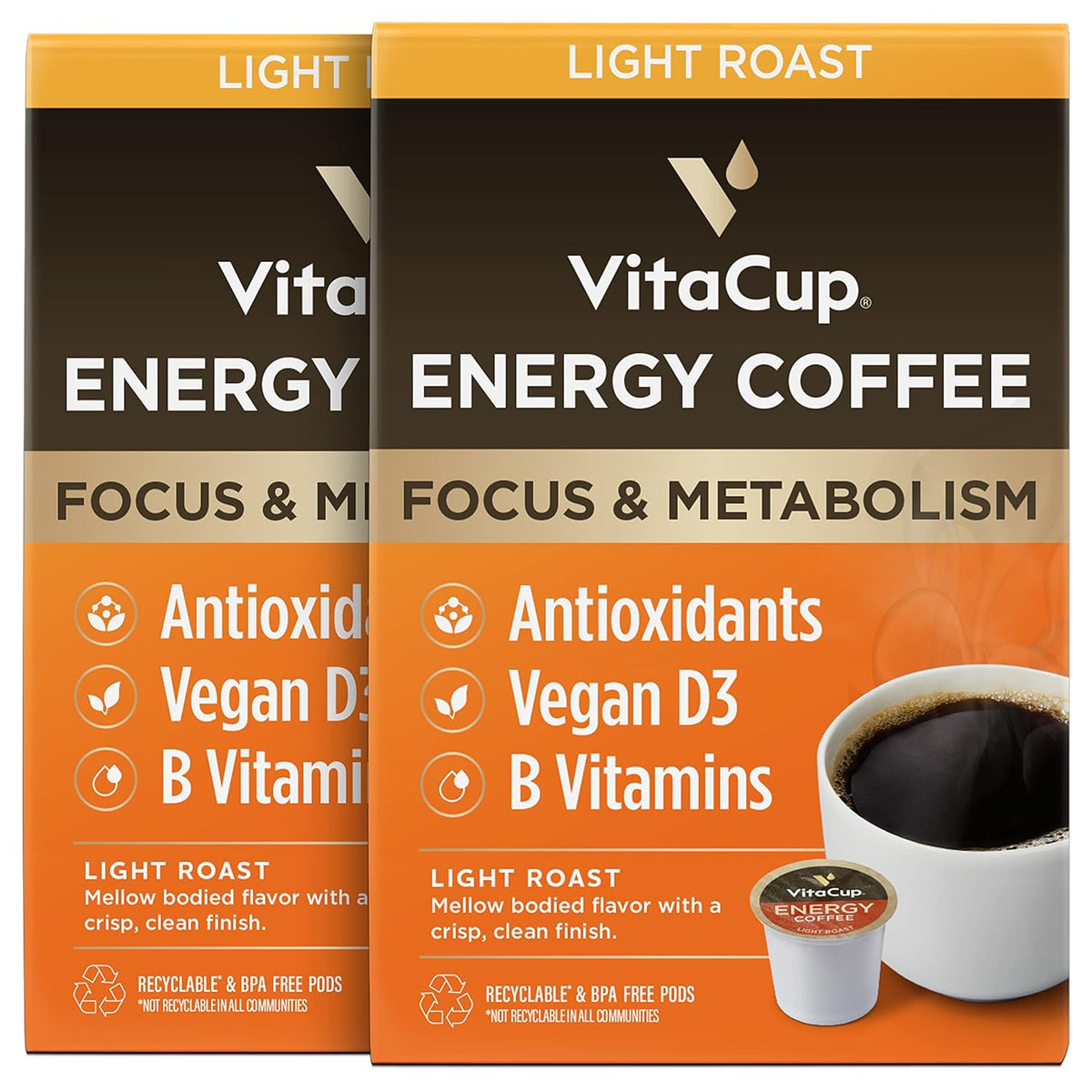 VitaCup Energy Light Roast Coffee Pods, Boost Focus & Metabolism, Antioxidants, B Vitamins, Crisp & Smooth,100% Arabica Coffee, Recyclable Single Serve Pod Compatible with Keurig K-Cup Brewers,32 Ct
